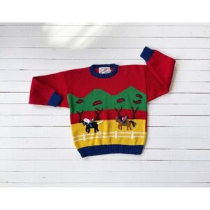 Cotton Salsa vtg red yellow horse farm horseback‎ riding embroidered sweater